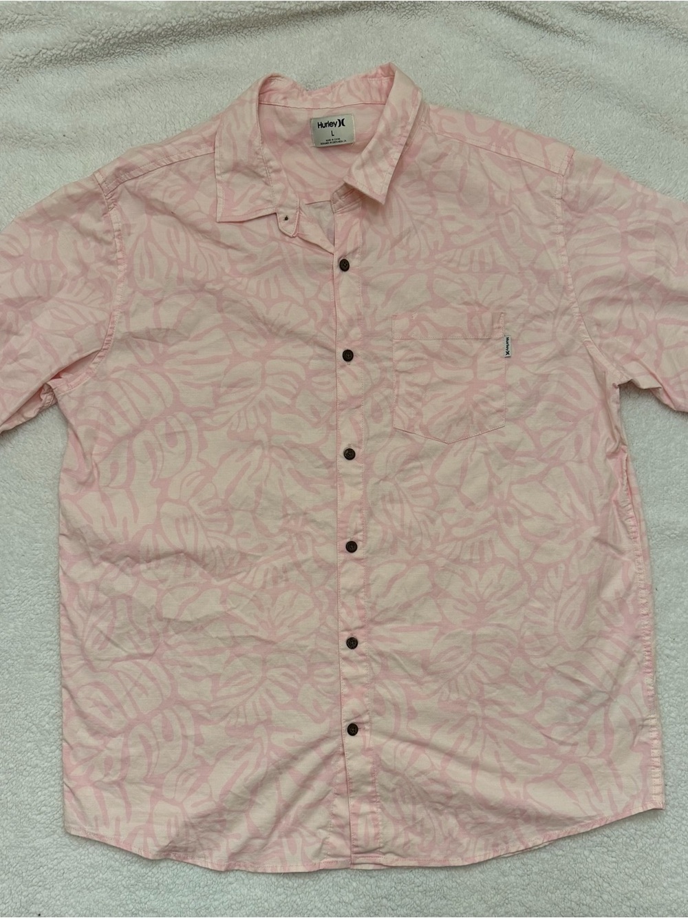 Hurley Light Pink Tropical-Print Short Sleeve Button-Down Shirt